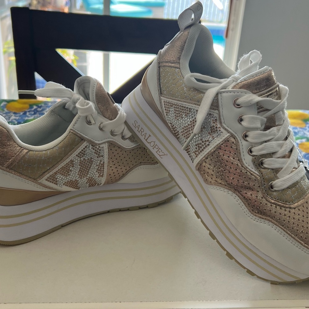 Sara Lopez 6.5 Italy bling, White and Gold Platform Sneakers with Chunky Sole